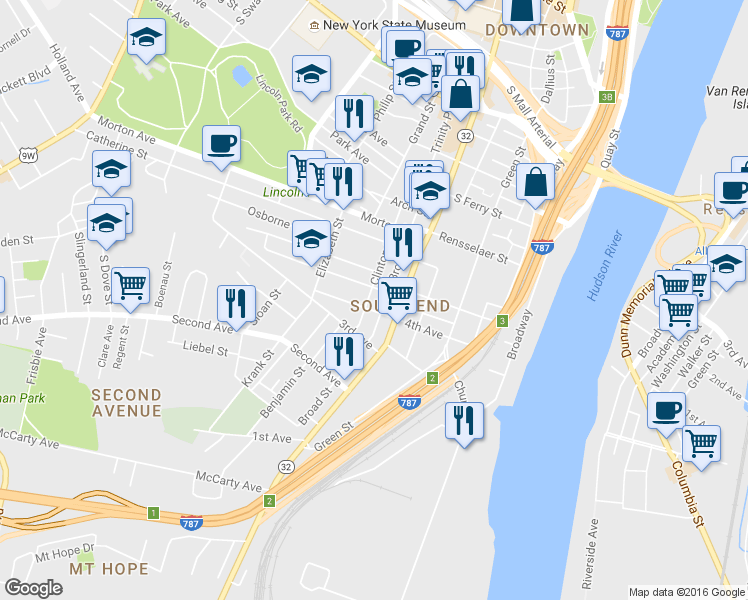 map of restaurants, bars, coffee shops, grocery stores, and more near 102 Clinton Street in Albany