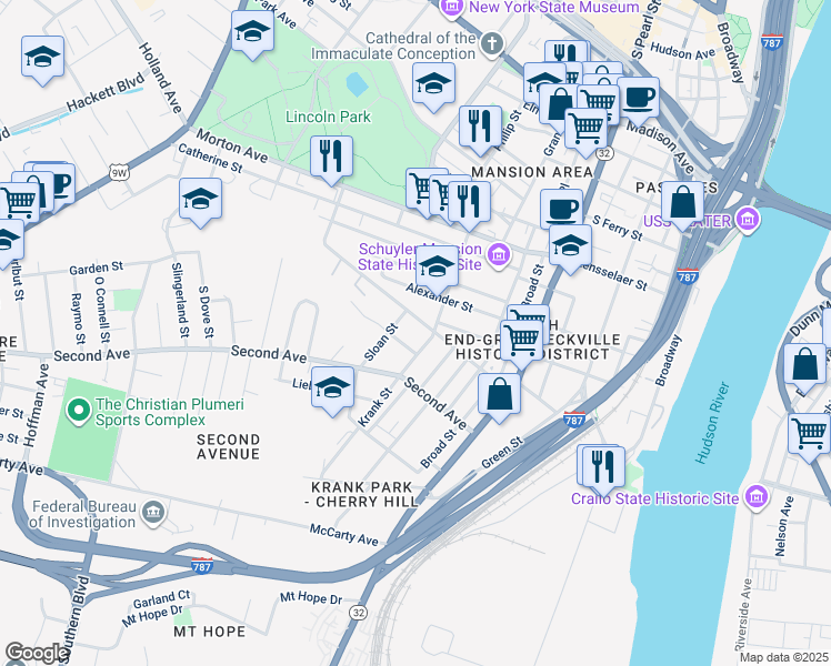 map of restaurants, bars, coffee shops, grocery stores, and more near 92 Elizabeth Street in Albany