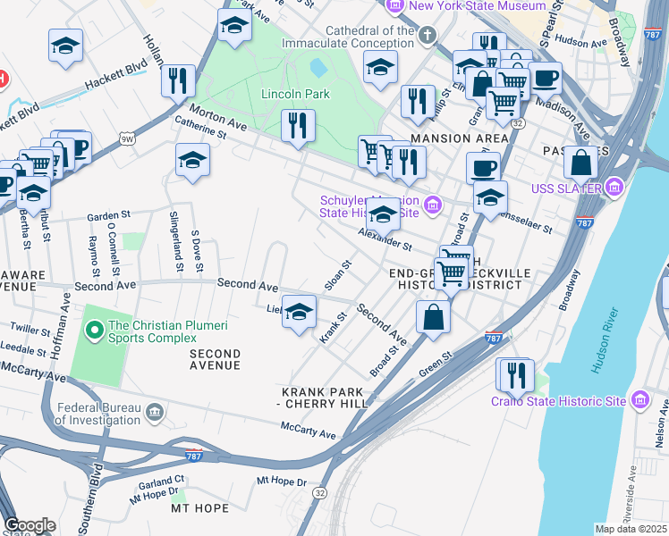 map of restaurants, bars, coffee shops, grocery stores, and more near 36 Sloan Street in Albany