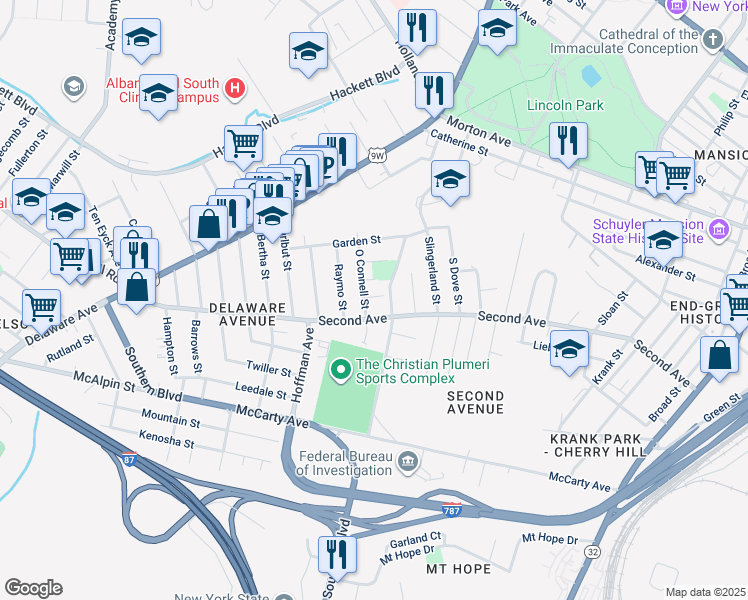 map of restaurants, bars, coffee shops, grocery stores, and more near in Albany