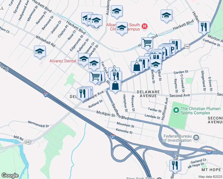 map of restaurants, bars, coffee shops, grocery stores, and more near 21 Southern Boulevard in Albany