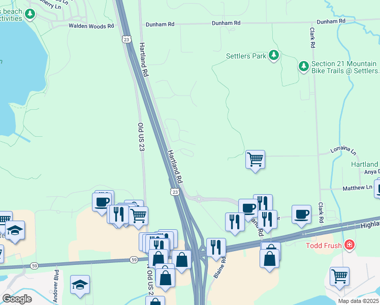 map of restaurants, bars, coffee shops, grocery stores, and more near 10484 Fawn Ridge Trail in Hartland