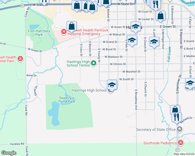 map of restaurants, bars, coffee shops, grocery stores, and more near 1027 South Young Street in Hastings