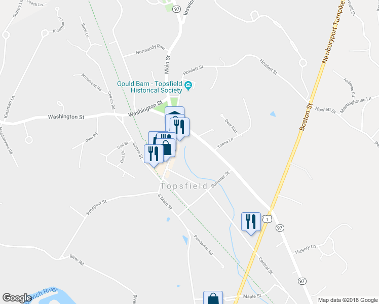 map of restaurants, bars, coffee shops, grocery stores, and more near 11 School Street in Topsfield