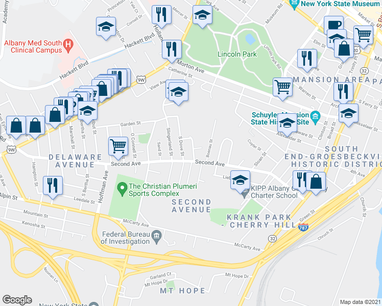 map of restaurants, bars, coffee shops, grocery stores, and more near 4 Moore Street in Albany