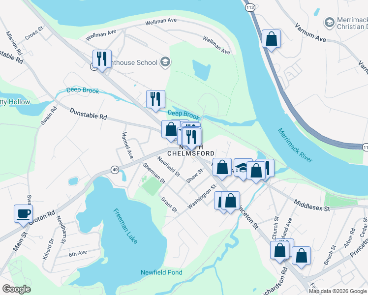 map of restaurants, bars, coffee shops, grocery stores, and more near 15 Tyngsboro Road in Chelmsford