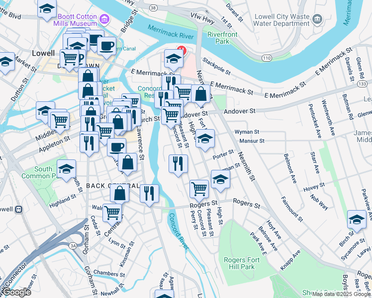 map of restaurants, bars, coffee shops, grocery stores, and more near 106 Concord Street in Lowell