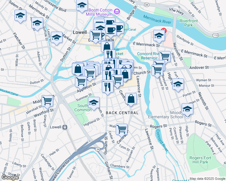 map of restaurants, bars, coffee shops, grocery stores, and more near in Lowell