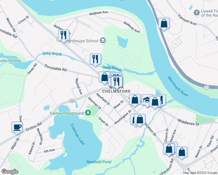 map of restaurants, bars, coffee shops, grocery stores, and more near 23E Dunstable Road in Chelmsford