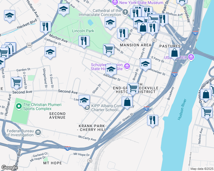 map of restaurants, bars, coffee shops, grocery stores, and more near 84 Alexander Street in Albany