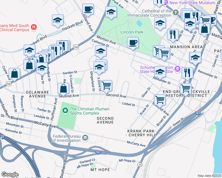 map of restaurants, bars, coffee shops, grocery stores, and more near 28 Boenau Street in Albany