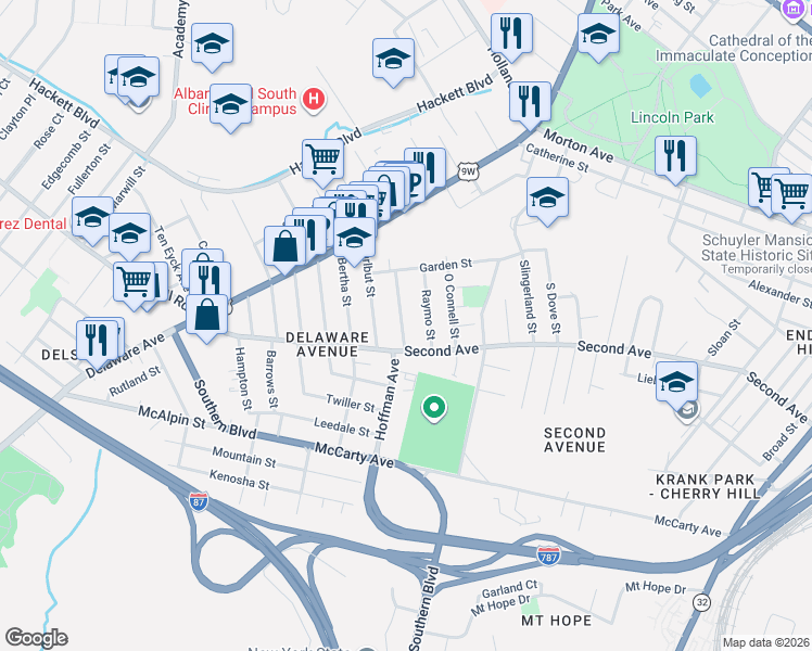 map of restaurants, bars, coffee shops, grocery stores, and more near 34 Raymo Street in Albany