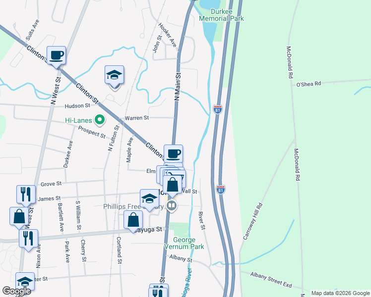 map of restaurants, bars, coffee shops, grocery stores, and more near 49 North Main Street in Homer