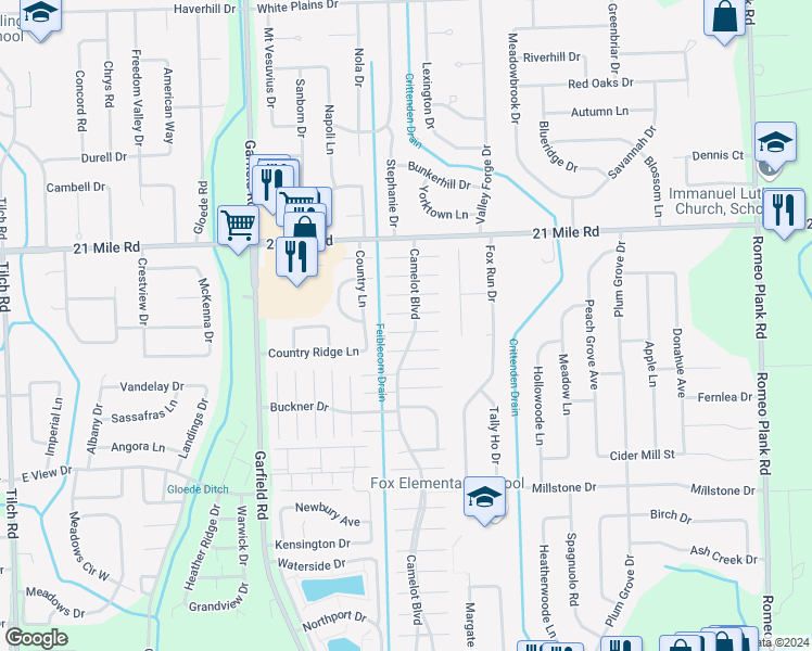 map of restaurants, bars, coffee shops, grocery stores, and more near 17029 Brunswick Drive in Macomb