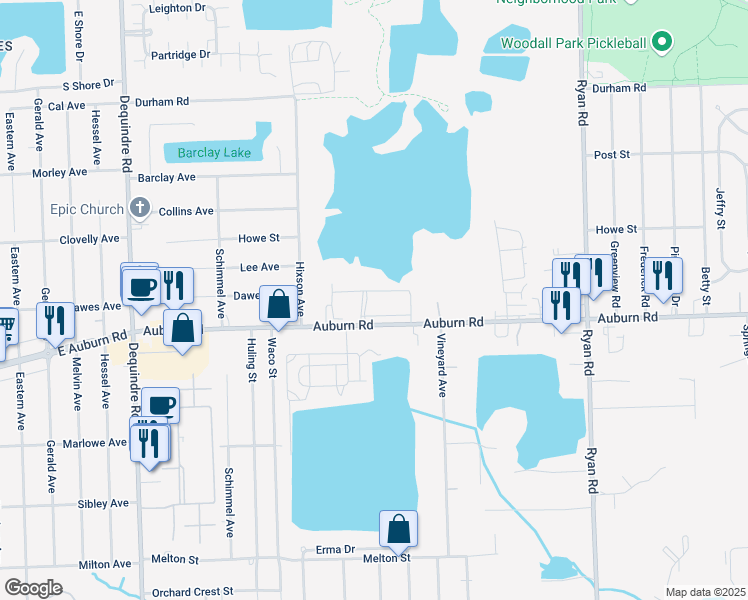 map of restaurants, bars, coffee shops, grocery stores, and more near 2909 Auburn Road in Macomb County