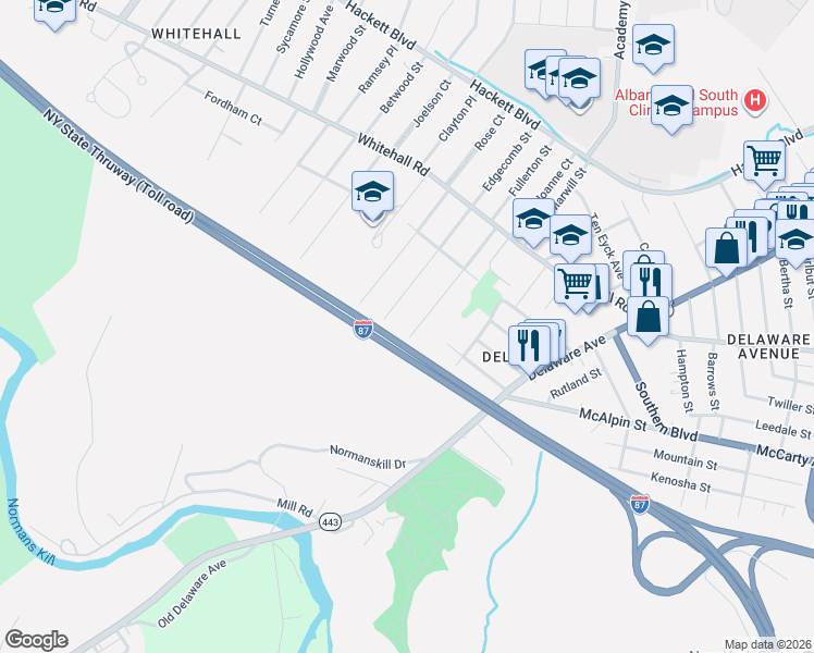 map of restaurants, bars, coffee shops, grocery stores, and more near 123 Edgecomb Street in Albany