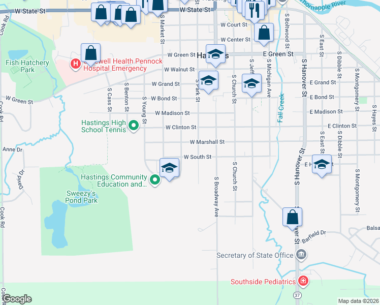 map of restaurants, bars, coffee shops, grocery stores, and more near 421 West South Street in Hastings
