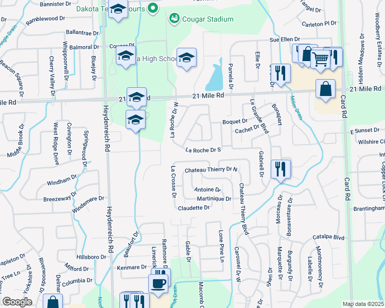 map of restaurants, bars, coffee shops, grocery stores, and more near 21050 La Roche Drive South in Macomb