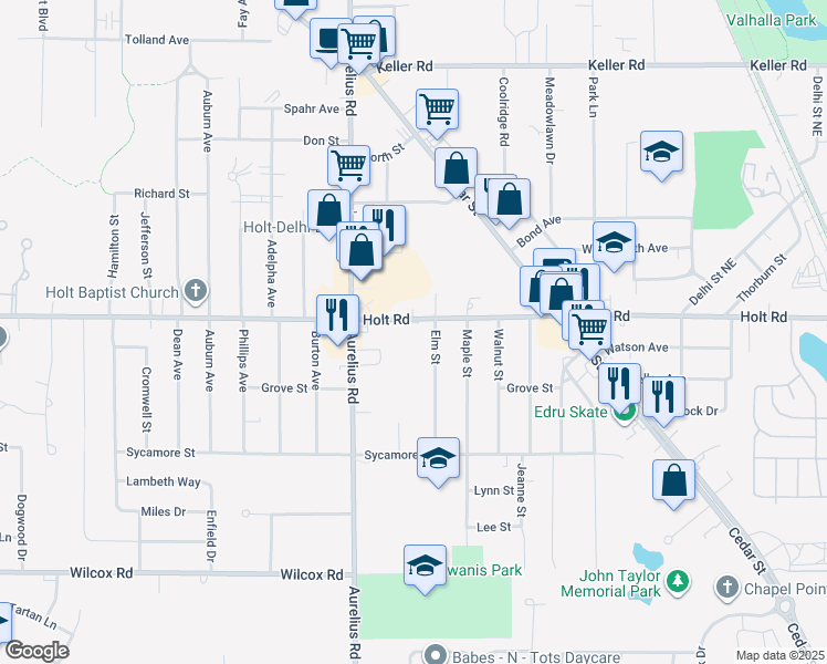 map of restaurants, bars, coffee shops, grocery stores, and more near 4434 Holt Road in Delhi charter Township