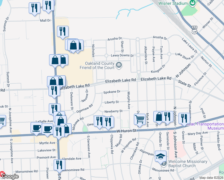 map of restaurants, bars, coffee shops, grocery stores, and more near 64 Spokane Drive in Pontiac