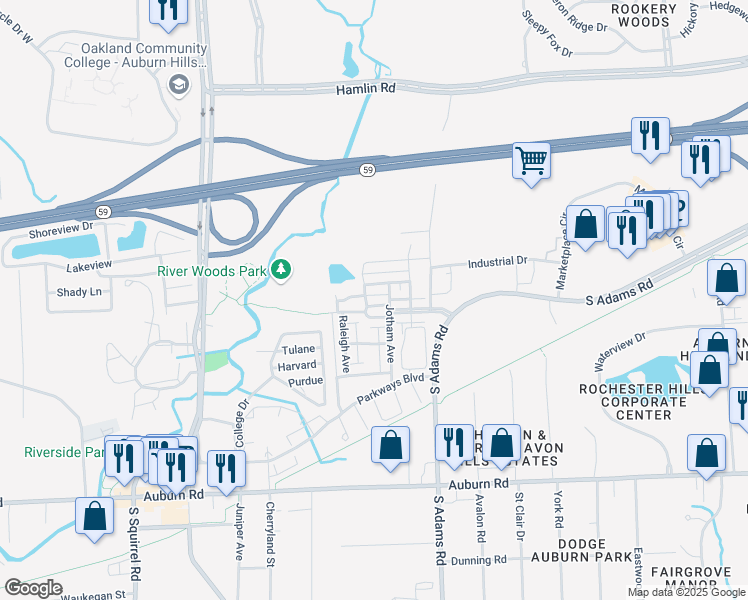 map of restaurants, bars, coffee shops, grocery stores, and more near 3887 Andover Avenue in Auburn Hills