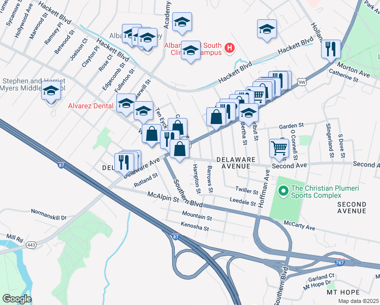 map of restaurants, bars, coffee shops, grocery stores, and more near 427 2nd Avenue in Albany