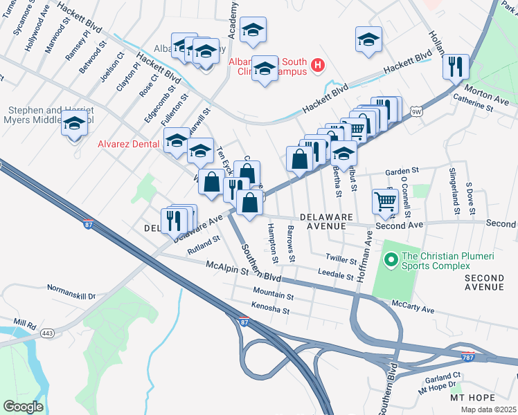 map of restaurants, bars, coffee shops, grocery stores, and more near 433 2nd Avenue in Albany