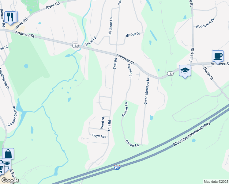 map of restaurants, bars, coffee shops, grocery stores, and more near 15 Danielle Drive in Tewksbury