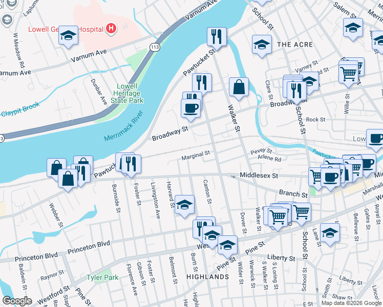 map of restaurants, bars, coffee shops, grocery stores, and more near Solomont Way in Lowell