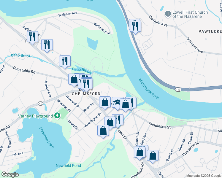 map of restaurants, bars, coffee shops, grocery stores, and more near 12-20 Kennedy Drive in Chelmsford