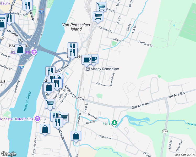 map of restaurants, bars, coffee shops, grocery stores, and more near 446 East Street in Rensselaer