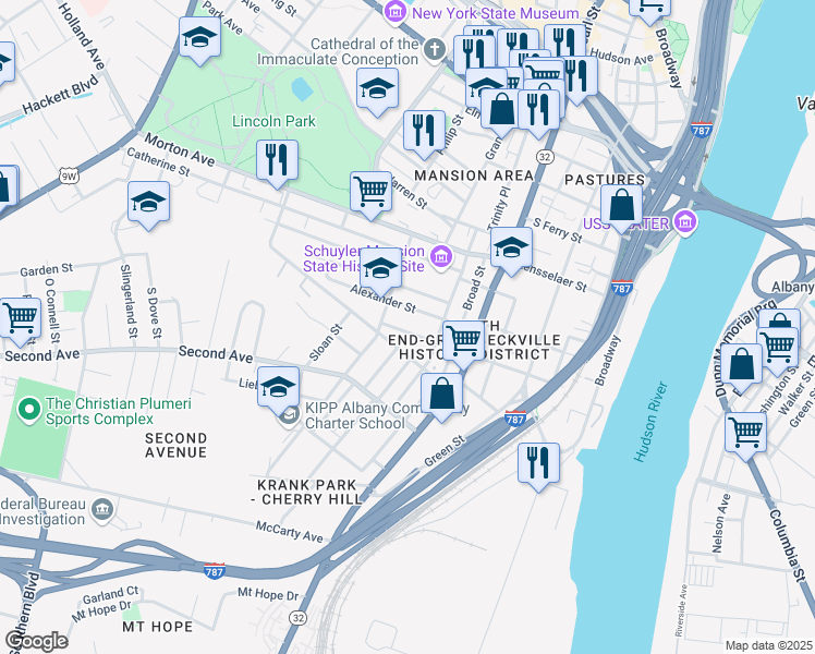 map of restaurants, bars, coffee shops, grocery stores, and more near 56 Alexander Street in Albany