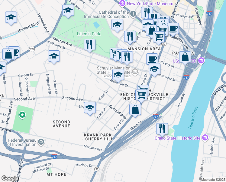 map of restaurants, bars, coffee shops, grocery stores, and more near 84 Alexander Street in Albany