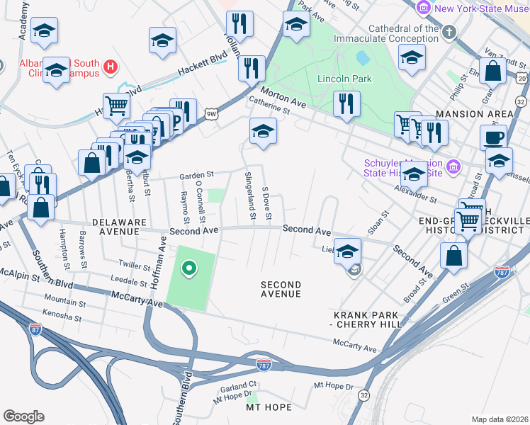 map of restaurants, bars, coffee shops, grocery stores, and more near 31 Slingerland Street in Albany