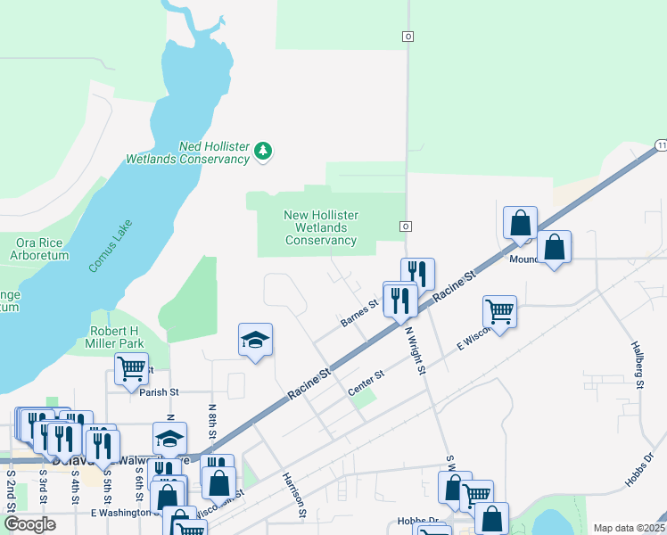 map of restaurants, bars, coffee shops, grocery stores, and more near 592 Elmhurst Avenue in Delavan