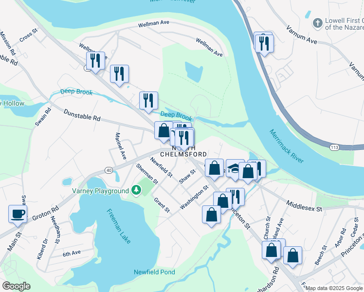map of restaurants, bars, coffee shops, grocery stores, and more near 15 Tyngsboro Road in Chelmsford