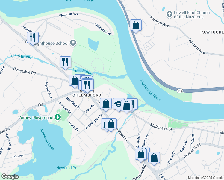 map of restaurants, bars, coffee shops, grocery stores, and more near 12-20 Kennedy Drive in Chelmsford