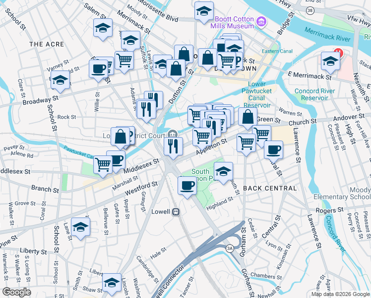 map of restaurants, bars, coffee shops, grocery stores, and more near 330 Jackson Street in Lowell