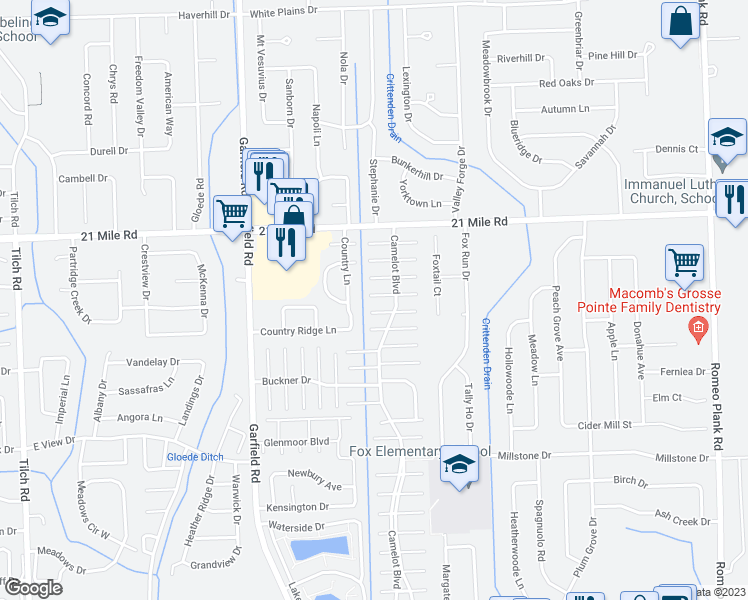 map of restaurants, bars, coffee shops, grocery stores, and more near 17018 Shelburn Drive in Macomb