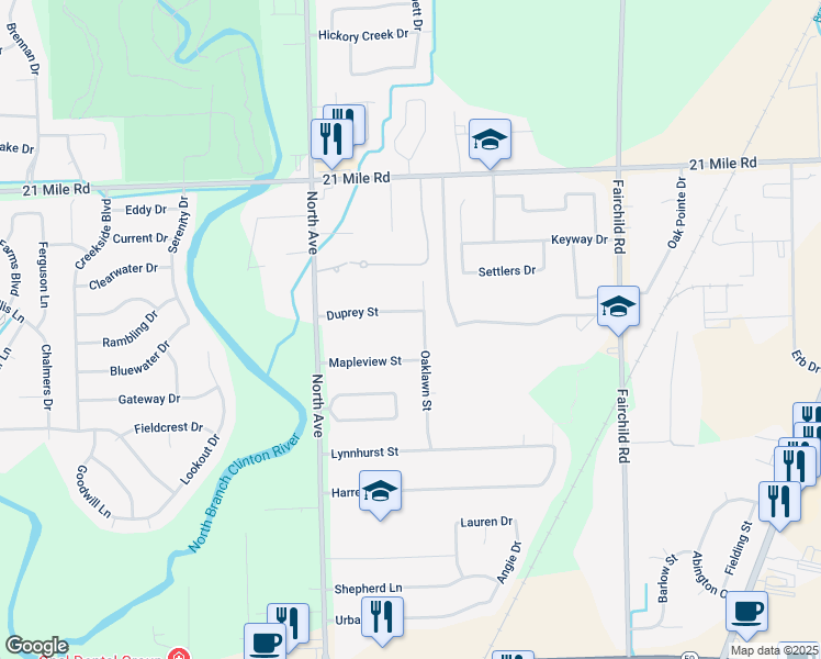 map of restaurants, bars, coffee shops, grocery stores, and more near 23294 Duprey Street in Macomb