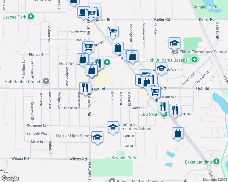 map of restaurants, bars, coffee shops, grocery stores, and more near 4434 Holt Road in Delhi charter Township