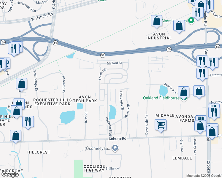 map of restaurants, bars, coffee shops, grocery stores, and more near 116 Flicker Street in Rochester Hills