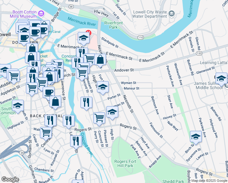 map of restaurants, bars, coffee shops, grocery stores, and more near 145 Nesmith Street in Lowell