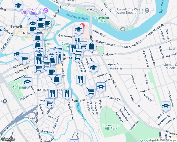 map of restaurants, bars, coffee shops, grocery stores, and more near 318 High Street in Lowell
