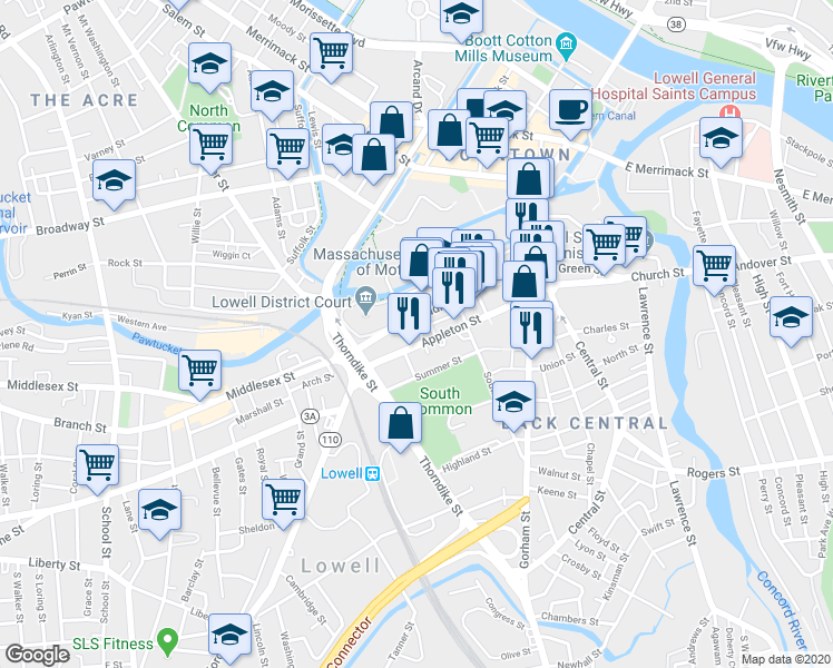 map of restaurants, bars, coffee shops, grocery stores, and more near 254 Middlesex Street in Lowell