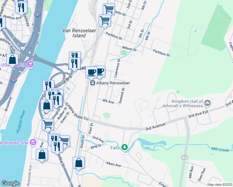 map of restaurants, bars, coffee shops, grocery stores, and more near 53 Herrick Street in Rensselaer