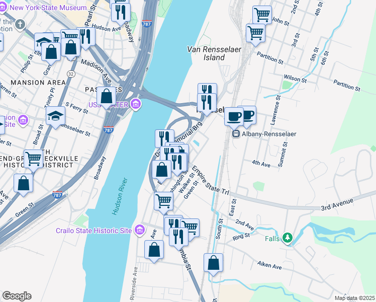 map of restaurants, bars, coffee shops, grocery stores, and more near 5555 Dunn Memorial Bridge in Rensselaer