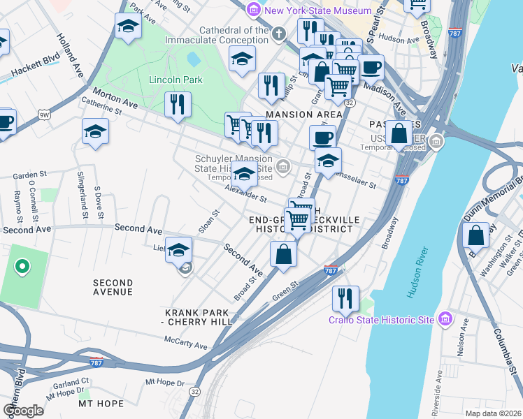 map of restaurants, bars, coffee shops, grocery stores, and more near 56 Alexander Street in Albany