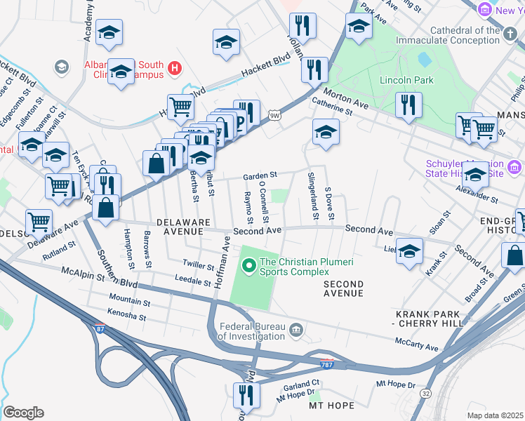 map of restaurants, bars, coffee shops, grocery stores, and more near 23 O Connell Street in Albany