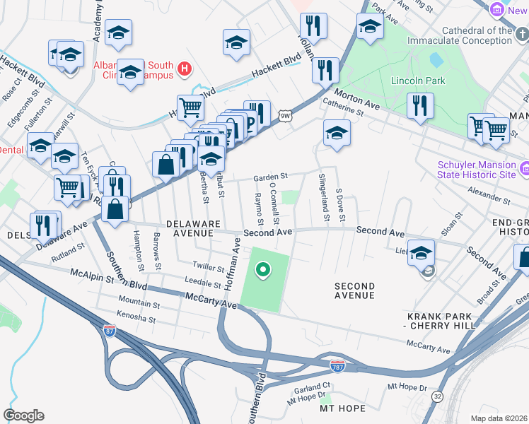 map of restaurants, bars, coffee shops, grocery stores, and more near 34 Raymo Street in Albany